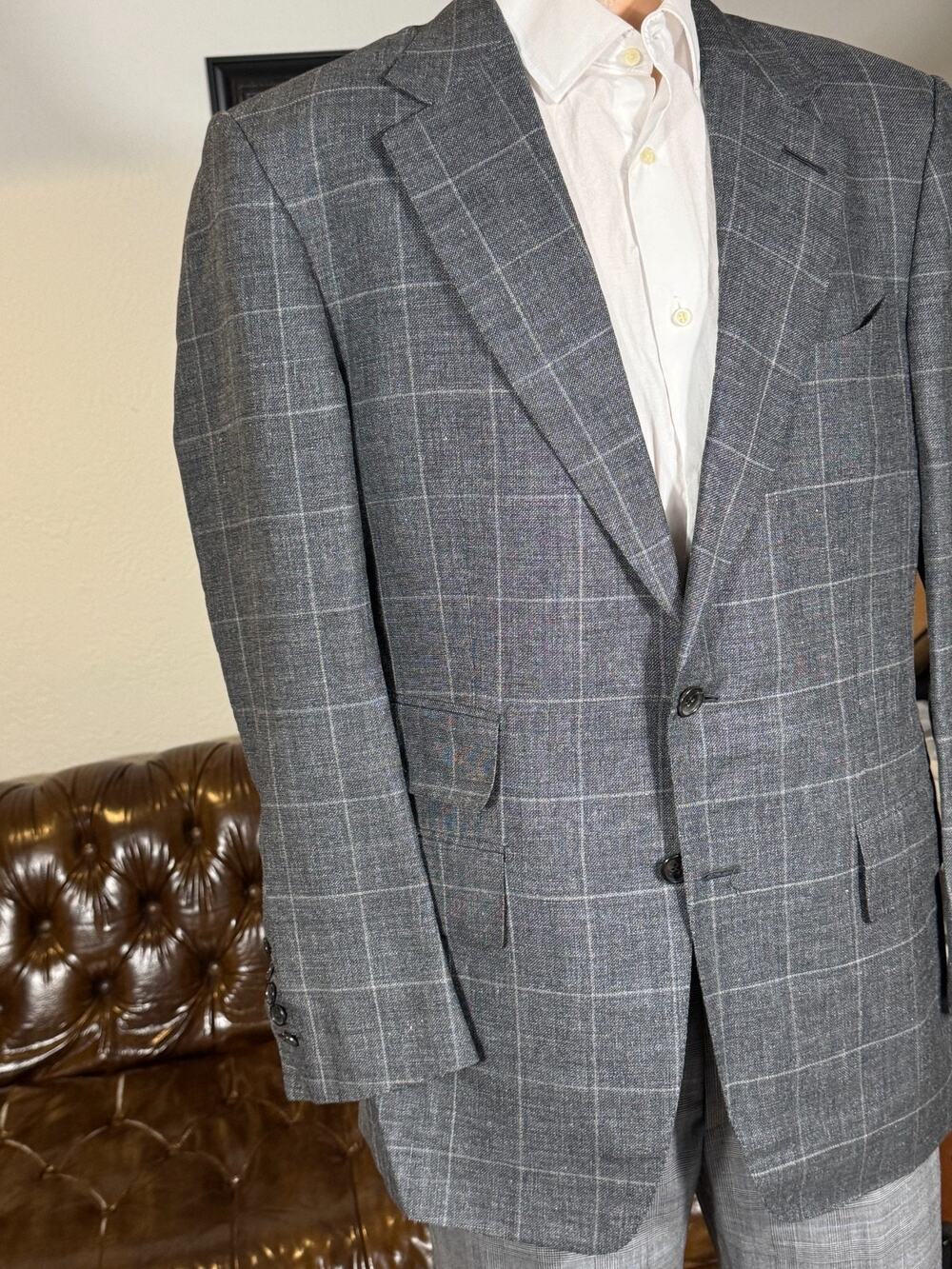 Tom Ford Linen Windowpane Charcoal Blazer Sportcoat 50R 40R US Italy Wool Silk